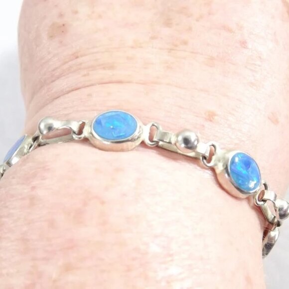 Mexican Blue Fire Opal 925 Sterling Silver Link Bracelet - Picture 2 of 10